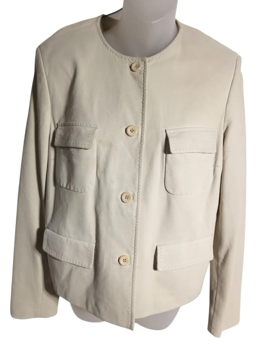 Max Mara Cream Leather Collarless Flap Pocket Jacket Made in Italy Quiet Luxury